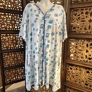 Cuddledown Pima Cotton Zip Up Blues & Greens Seashell Nightgown / Robe / Coverup